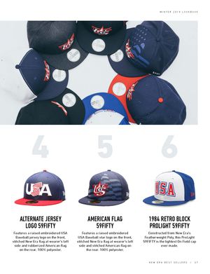 USA Baseball New Era 59Fifty caps collection featuring Alternate Jersey Logo, American Flag, and 1984 Retro Block ProLight styles.