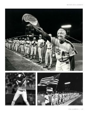 Black and white photos of USA Baseball 1984 Olympic team players lined up on field with coach waving cap to crowd.