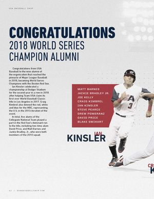 USA Baseball congratulations page honoring 2018 World Series Champion Alumni including Ian Kinsler and Craig Kimbrel.