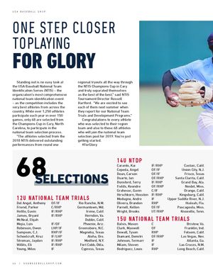 USA Baseball NTIS selections list featuring 68 athletes chosen for 12U, 14U, and 15U National Team Trials programs.