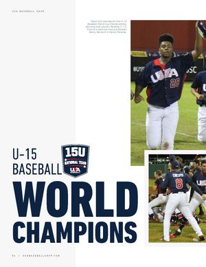 USA Baseball U-15 World Champions celebration with player wearing number 28 jersey on field.