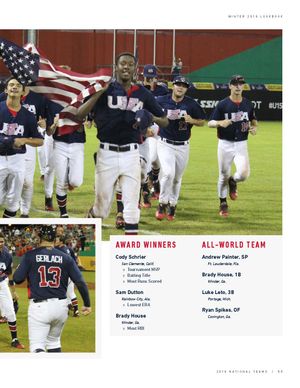 USA Baseball team players running with American flag, celebrating victory in uniforms, with award winners and All-World Team list.