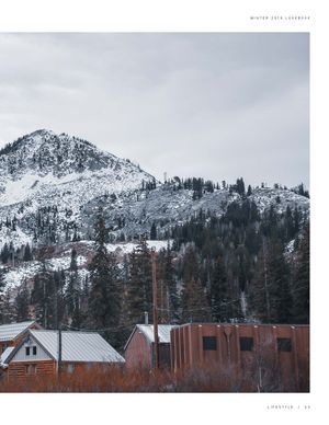 Winter mountain scene with snow-dusted peaks, evergreen forest, and rustic red buildings below.