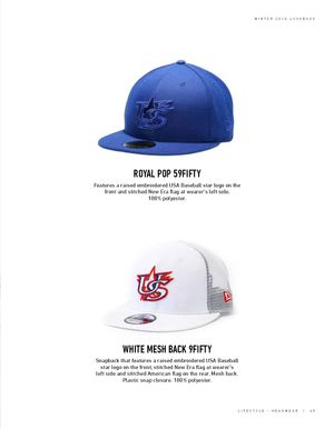 Royal Pop 59Fifty and White Mesh Back 9Fifty USA Baseball caps with embroidered star logo on blue and white colorways.