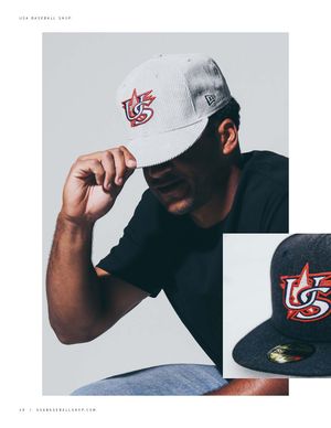 Man wearing a grey cord New Era USA Baseball 9Fifty cap with red logo, with close-up detail of heather crisp cap.
