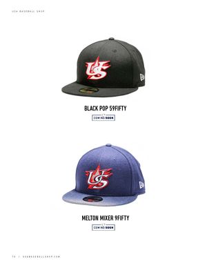 Black Pop 59Fifty and Melton Mixer 9Fifty USA Baseball New Era caps in black and heather blue, coming soon.