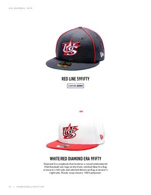 Red Line 59Fifty and White/Red Diamond Era 9Fifty USA Baseball New Era snapback caps with embroidered logo.