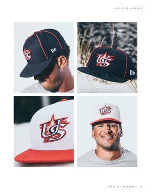 Two men modeling navy Red Line 59Fifty and white Diamond Era 9Fifty USA Baseball New Era caps outdoors.