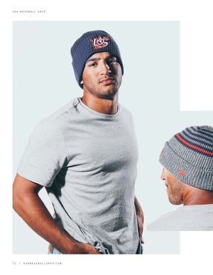 Male model wearing navy USA Baseball knit beanie and striped knit hat.