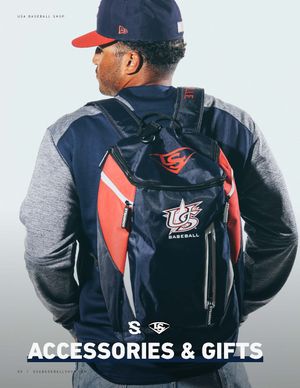 Man wearing USA Baseball navy and red Louisville Slugger backpack with cap.