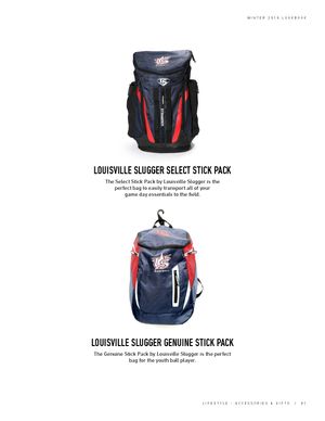 Louisville Slugger Select and Genuine Stick Pack backpacks in USA Baseball colors.