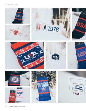 USA Baseball accessories including socks, pins, and apparel in red, white, and blue.