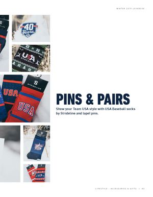 USA Baseball Pins and Pairs collection featuring Strideline socks and lapel pins.