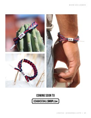 USA Baseball braided rope bracelets displayed on a cactus, hand, and ground in red, white, and navy.