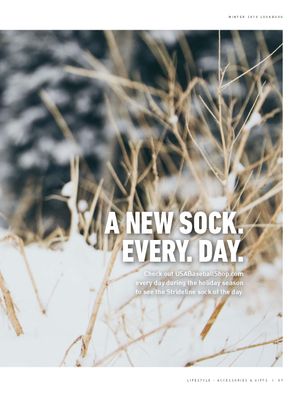 Winter holiday promotional page for USA Baseball Shop Strideline sock of the day campaign.