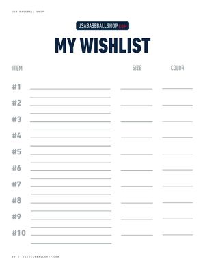 USA Baseball Shop printable My Wishlist template with item, size, and color columns.