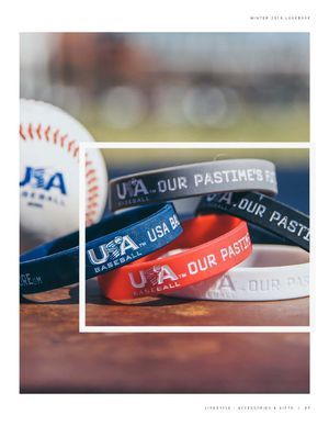 USA Baseball silicone wristbands in red, white, navy, and gray with Our Pastime slogan.