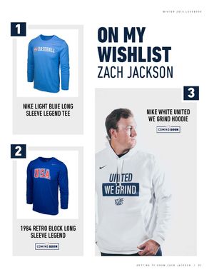 Zach Jackson USA Baseball wishlist featuring Nike light blue tee, retro legend, and hoodie.