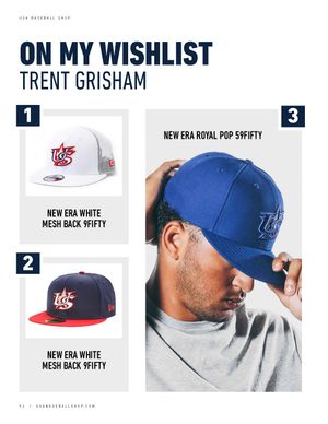 Trent Grisham USA Baseball wishlist featuring New Era white mesh and royal blue 59Fifty caps.