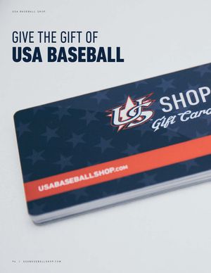 USA Baseball Shop gift card on a navy blue star-patterned background with red stripe and logo.