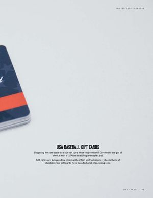 USA Baseball Shop gift cards fanned out against a white background with product description text.
