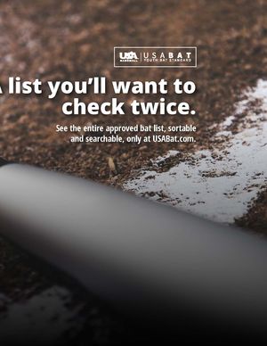USABAT Youth Bat Standard approved bat list advertisement with baseball bat on wet dirt background.