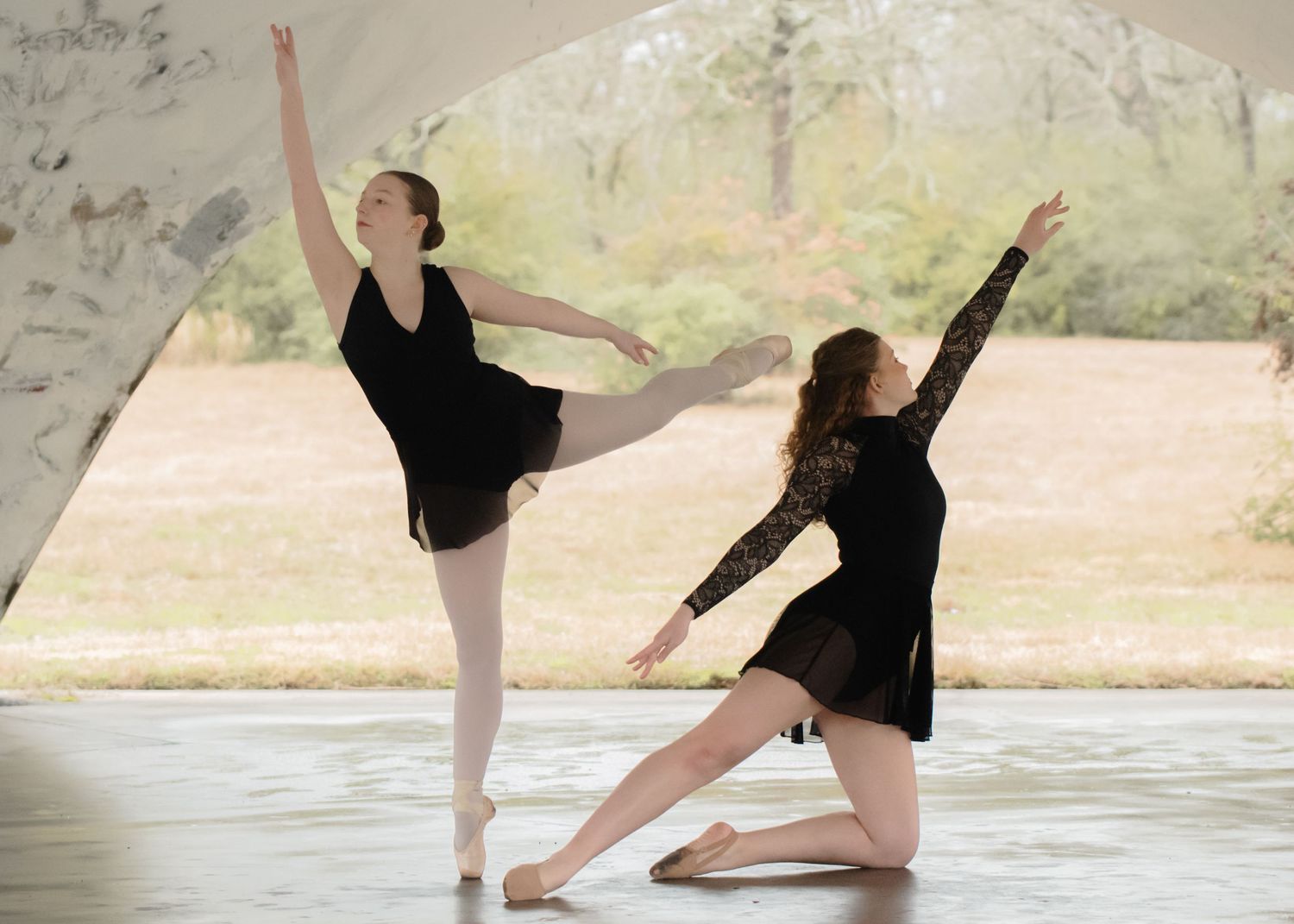Ballet dancer practicing graceful movements in black leotard by water's edge with multiple pose sequence.