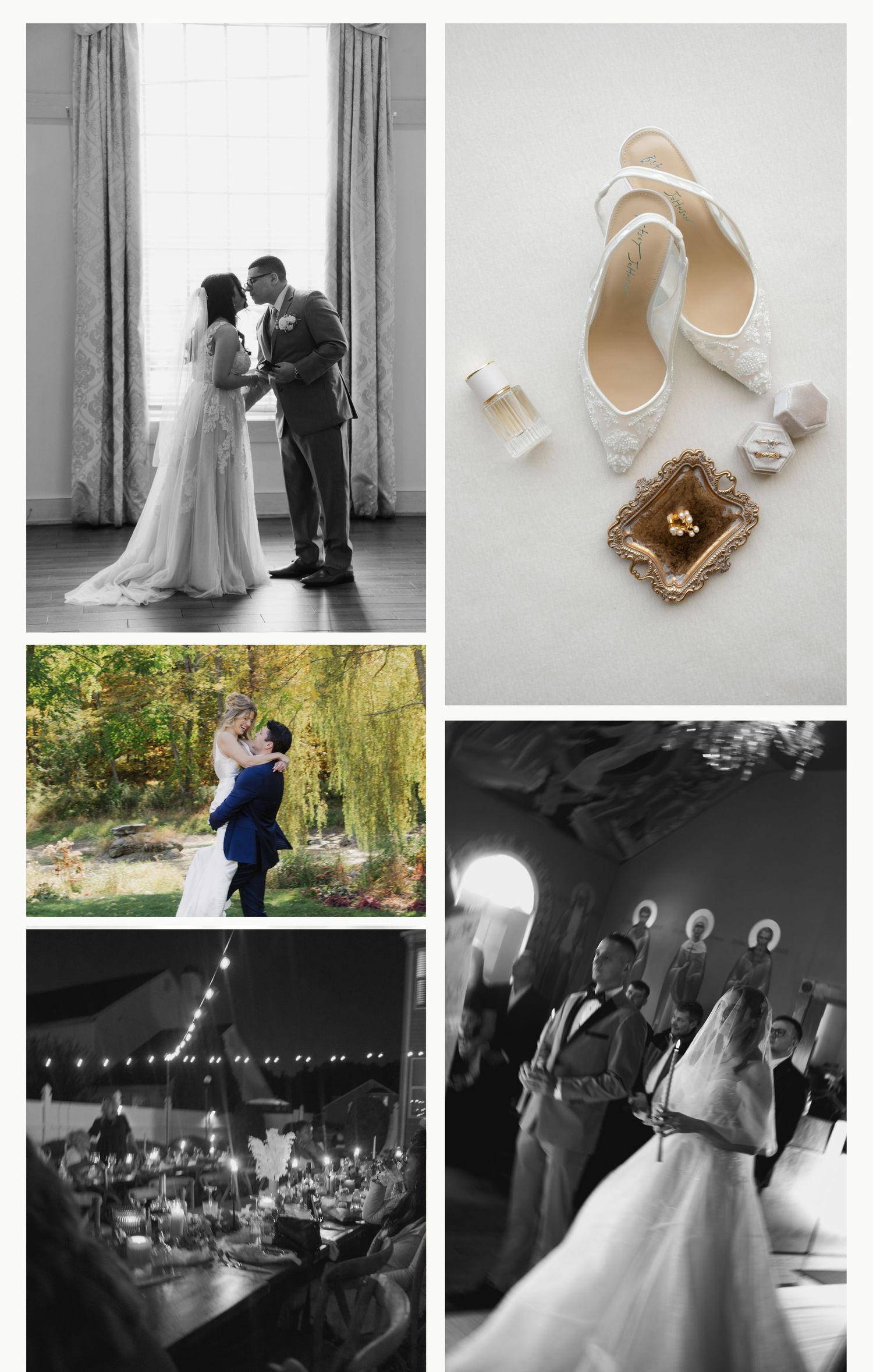 A collection of elegant wedding photos featuring intimate moments, outdoor settings, reception festivities and white bridal shoes.