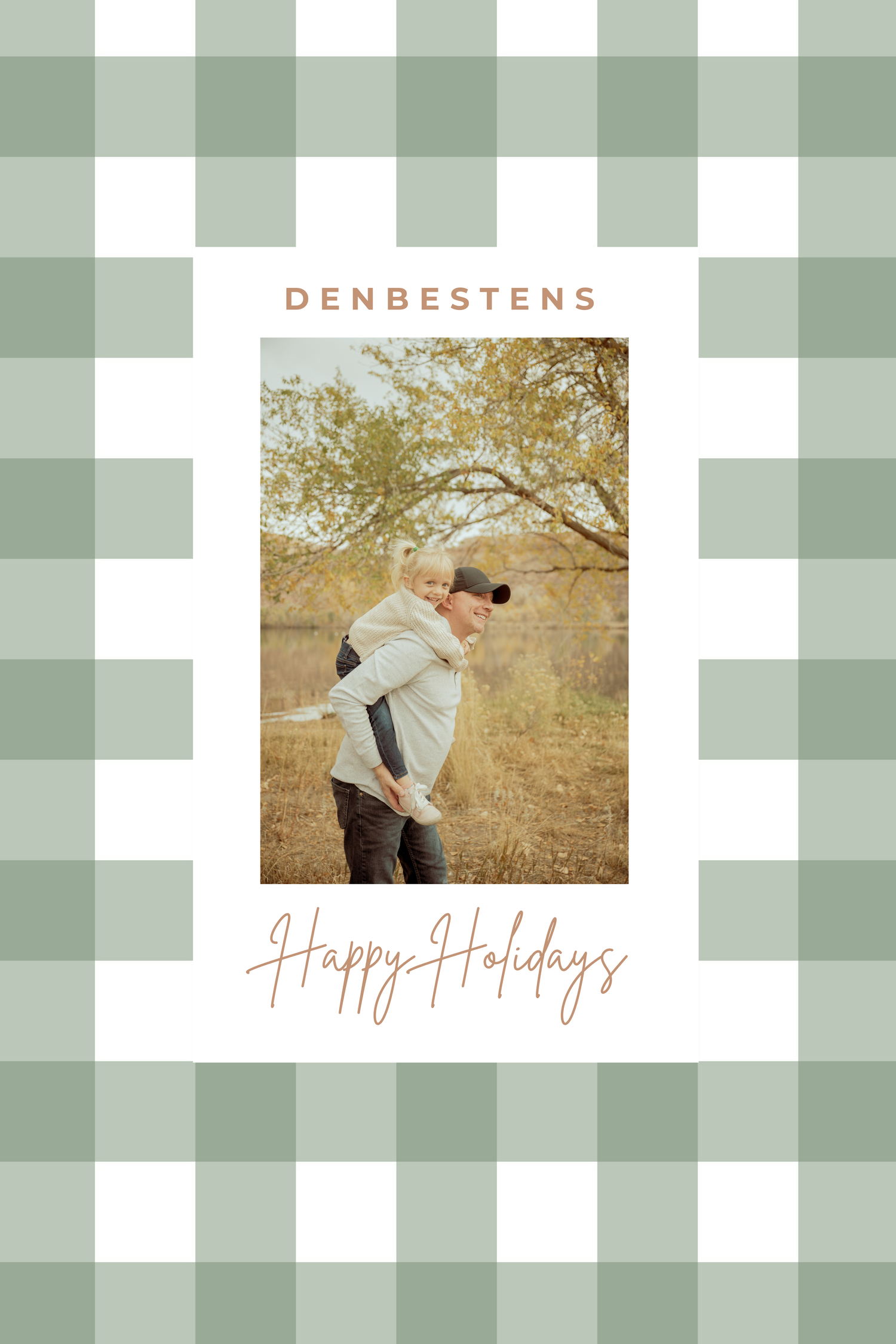 A holiday card design with green gingham pattern border and sepia-toned romantic couple photo in the center.