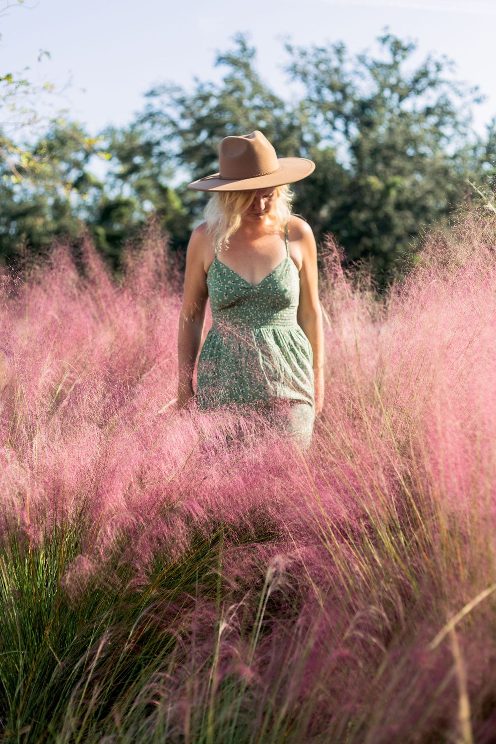 A dreamy summer portrait of a person in a floral dress and brown hat standing among pink muhly grass in soft sunlight.