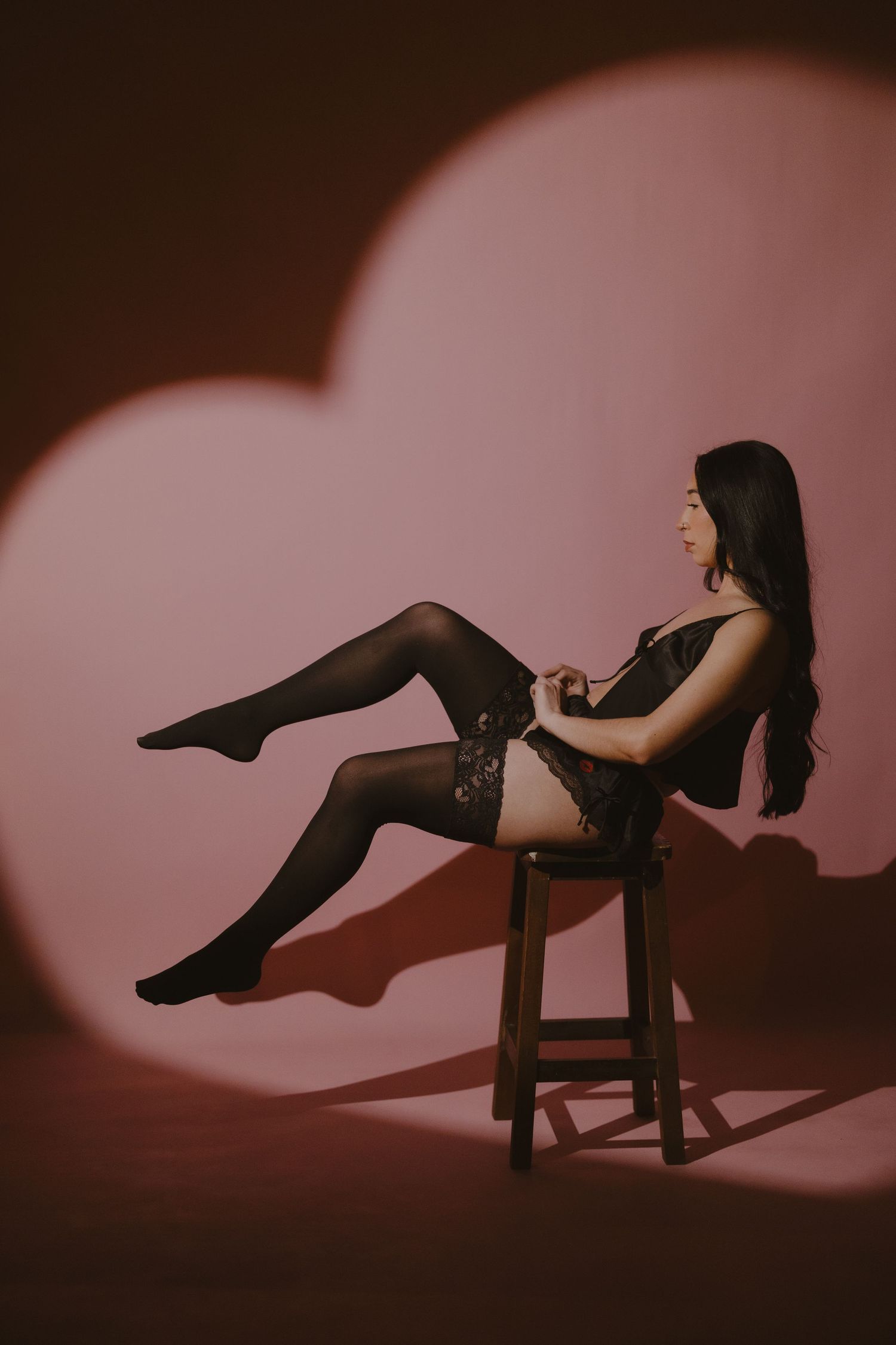 boudoir, pink, heart, studio, lingerie, model Editorial storytelling photography by Sydney Romero, Central Texas visual storyteller