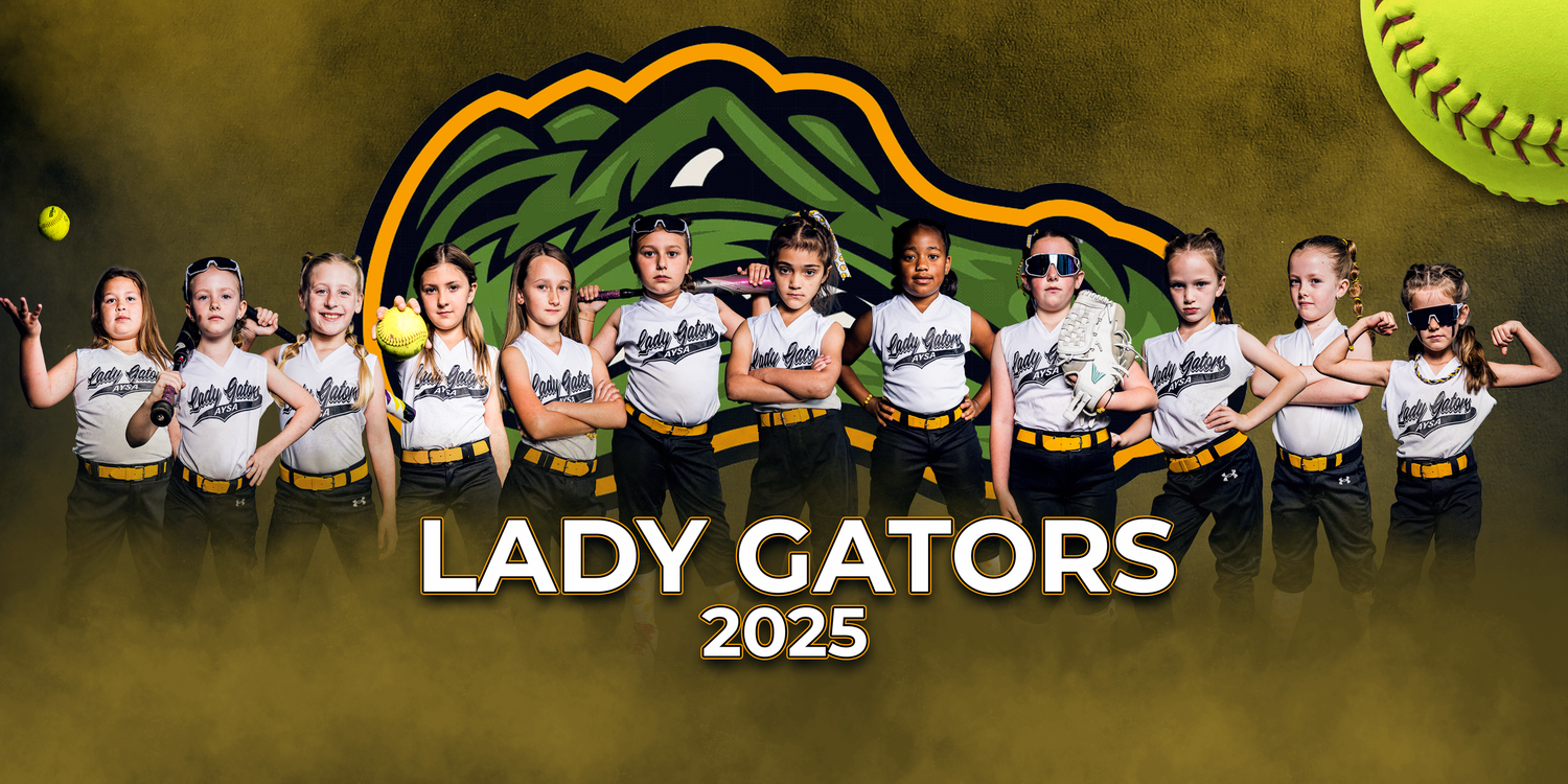 Softball team photo showing Lady Gators 2025 players in uniform with yellow softball graphic in background.