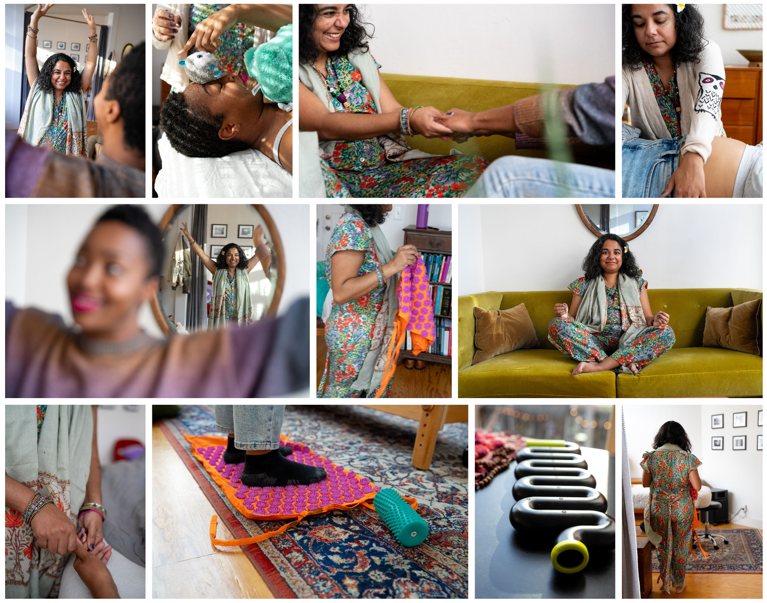 A collage of Branding Photos featuring a somatic healer working with a client, detail images of tools, and portraits.