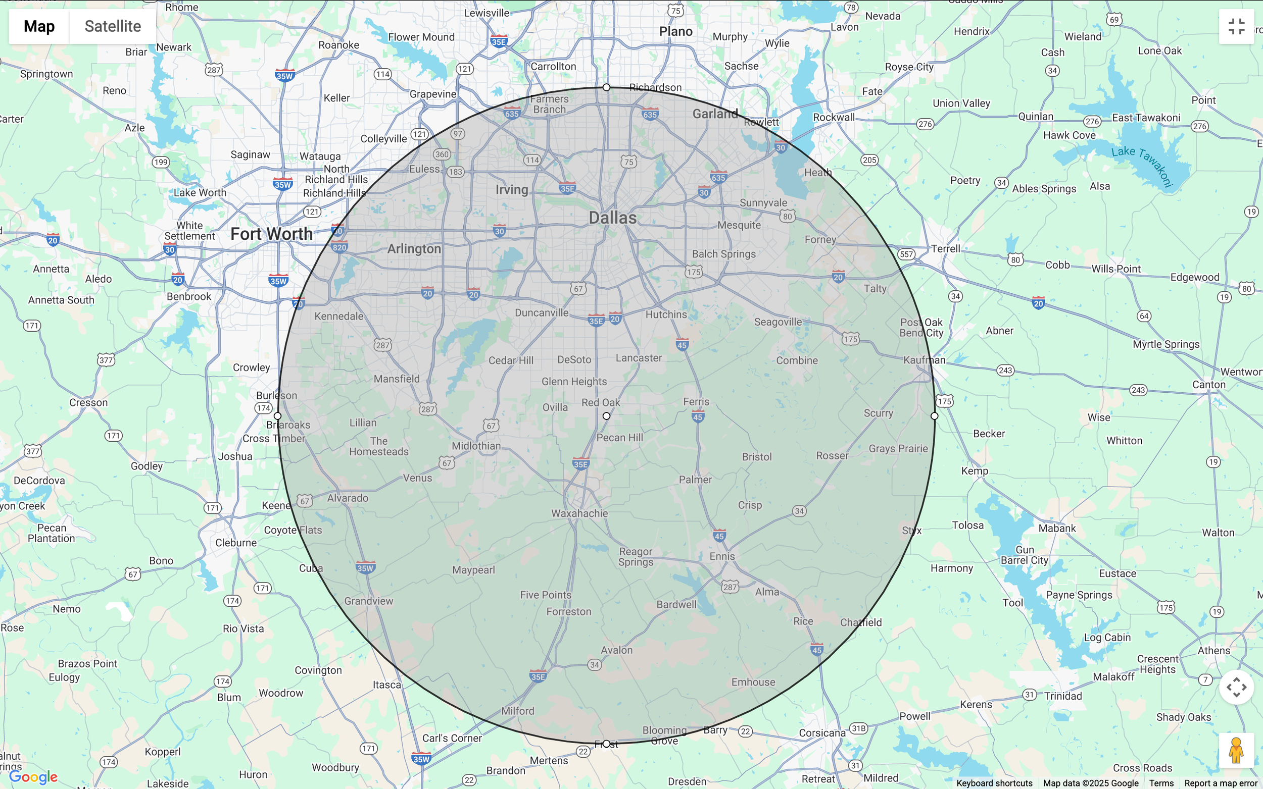 A map of the area served by Bethesda Photography. A Dallas, Waxahachie, Cedar Hill, Mansfield, Midlothian,  based real estate photography.