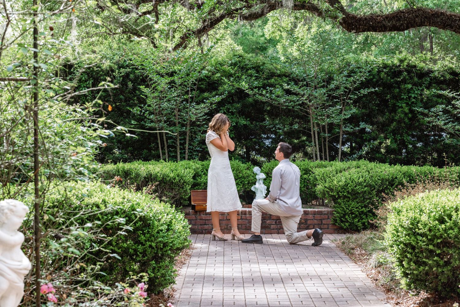 A proposal moment on a garden path surrounded by lush greenery and manicured hedges at a picturesque estate.