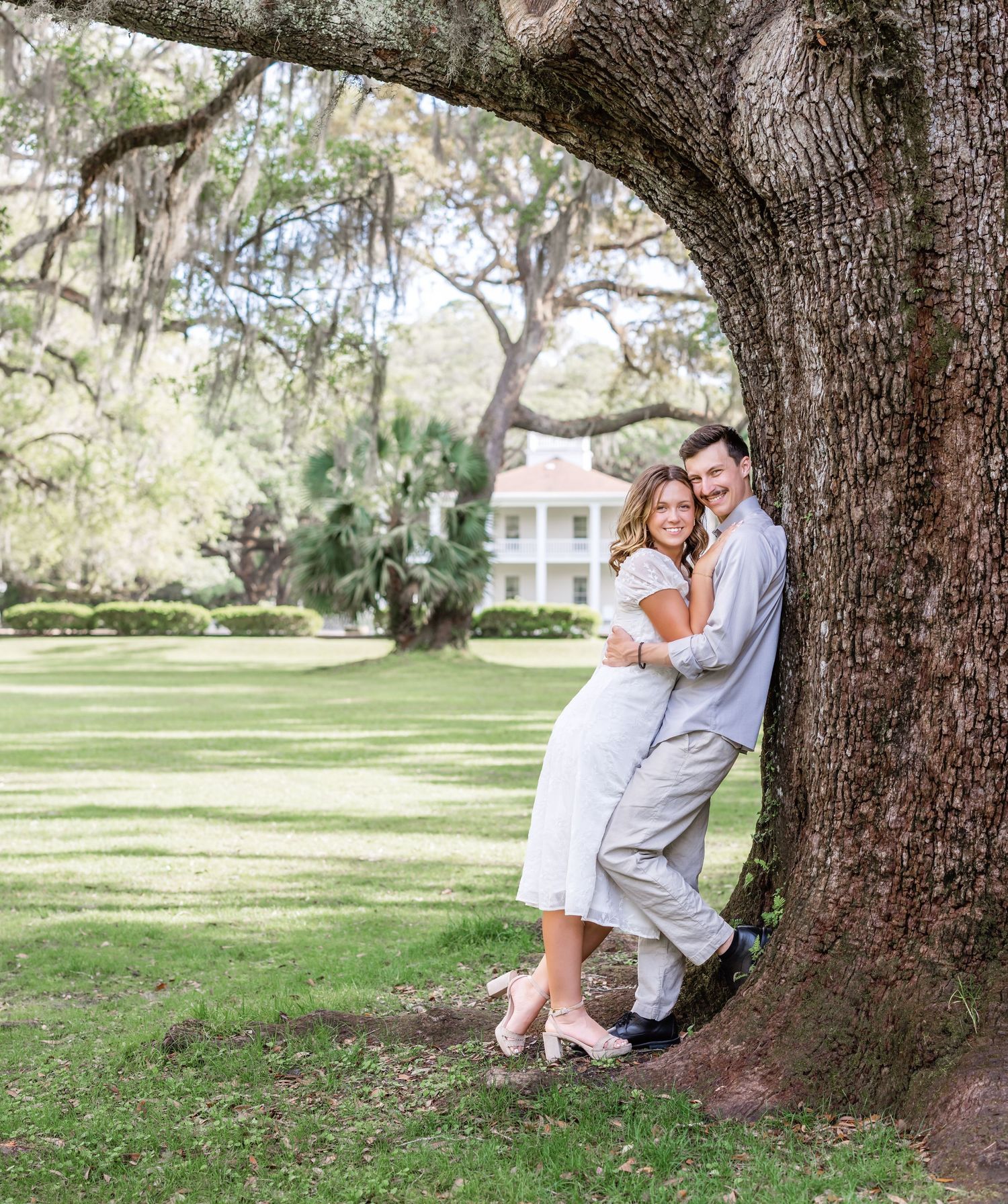 A couple embraces under a large oak tree draped in Spanish moss on a sunny lawn with a white mansion visible.