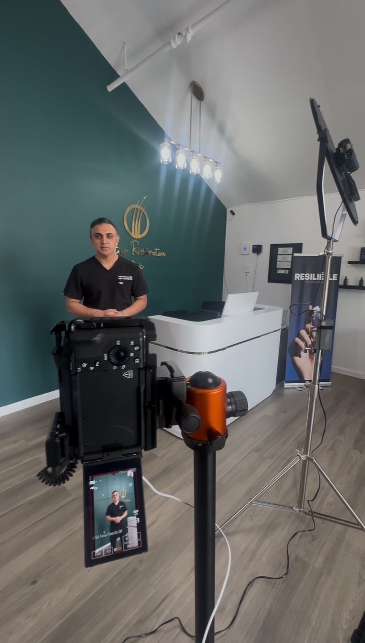 Professional photo studio setup with track lighting, light stands, camera equipment and a teal accent wall in modern space.