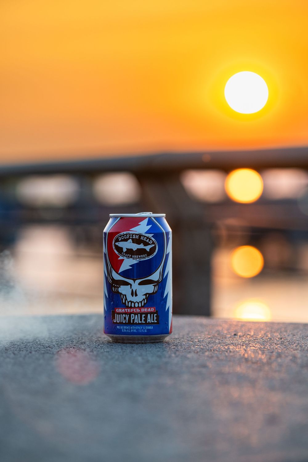 A can of dogfish head craft beer photographed against golden sunset with bokeh lights in background.