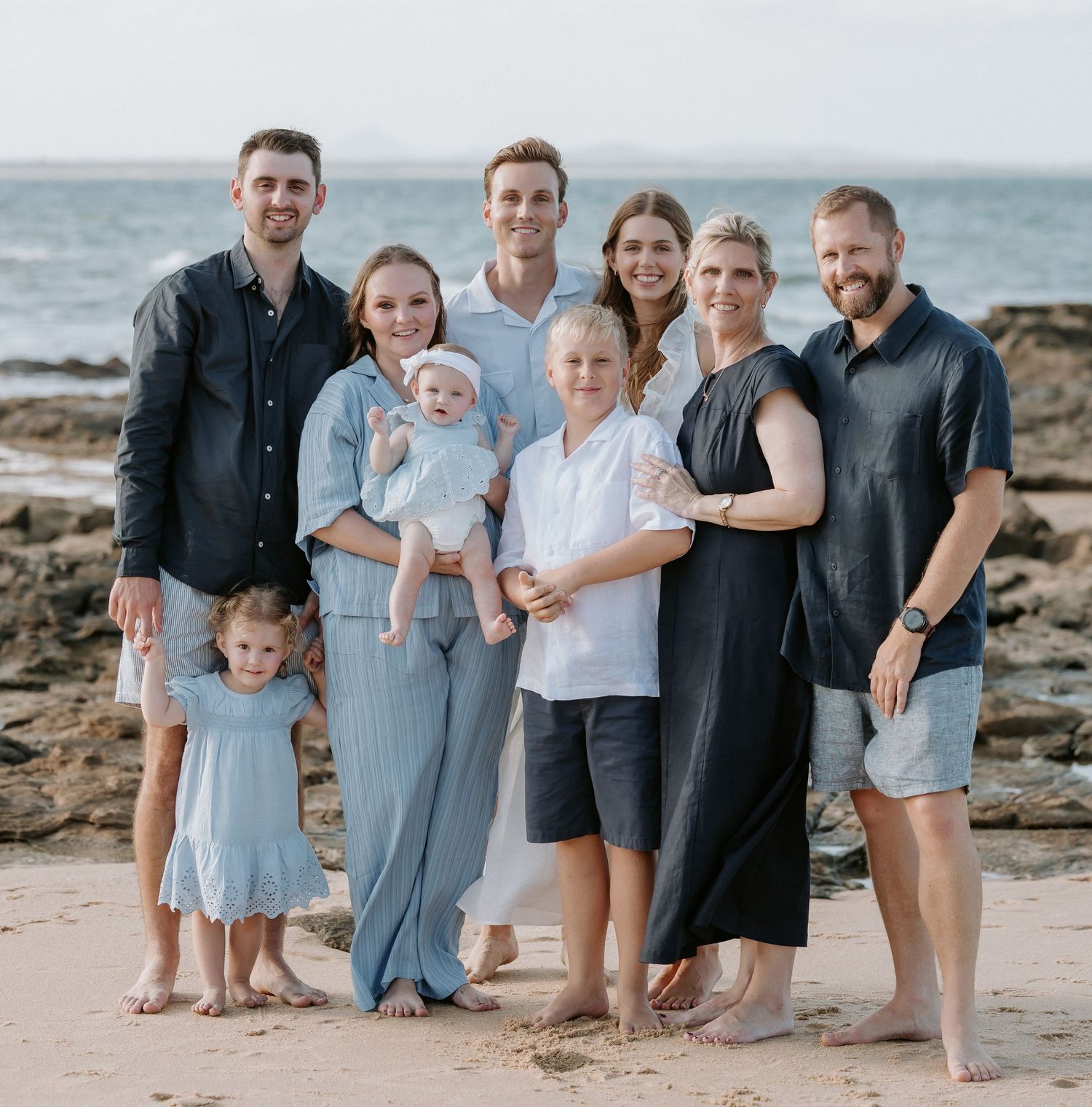 Sunset golden hour extended family photography session overlooking Point Cartwright Mooloolaba on the Sunshine Coast.