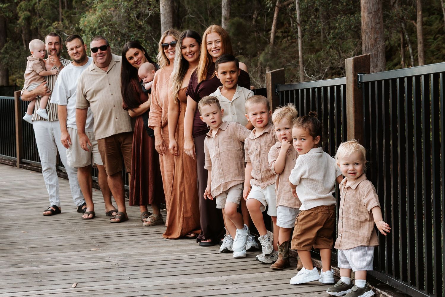 Extended family photography session at Ewen Maddock Dam on the Sunshine Coast.