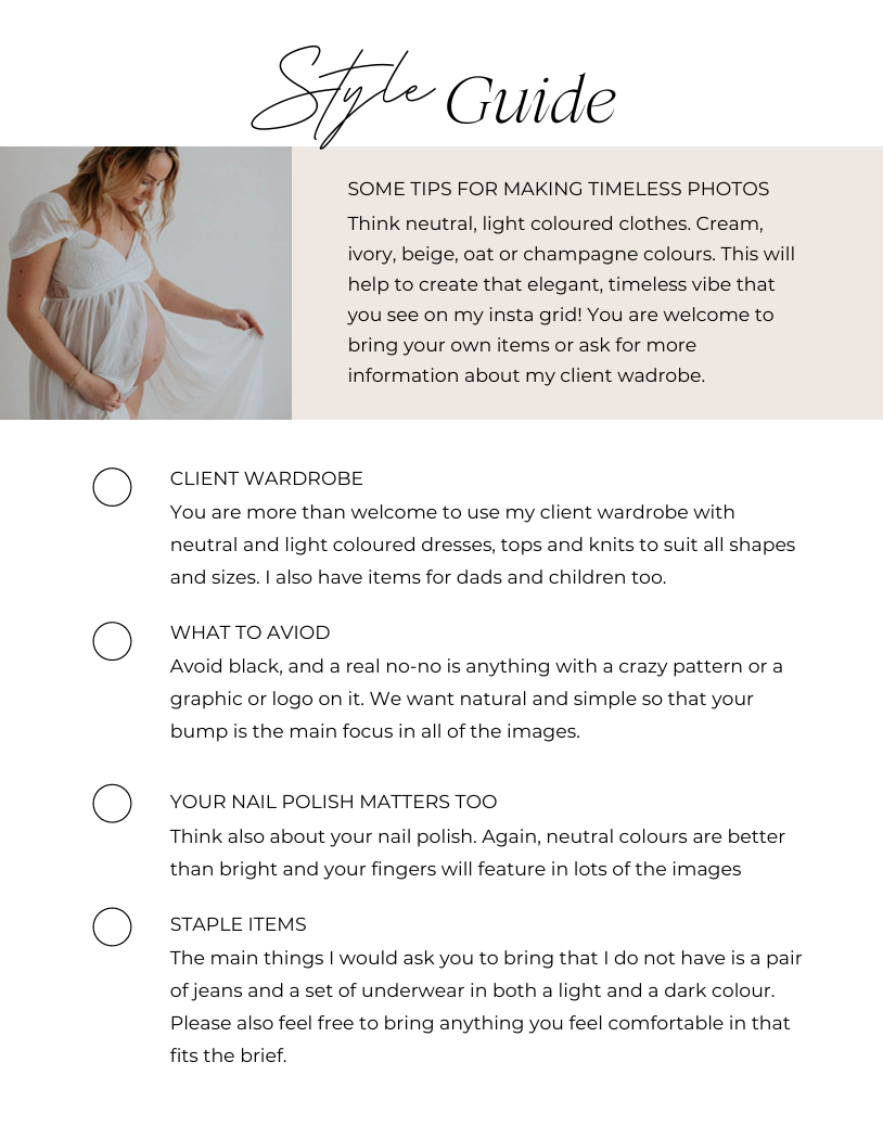 A maternity style guide with tips for timeless photos, client wardrobe advice, and staple items for a pregnancy photoshoot.