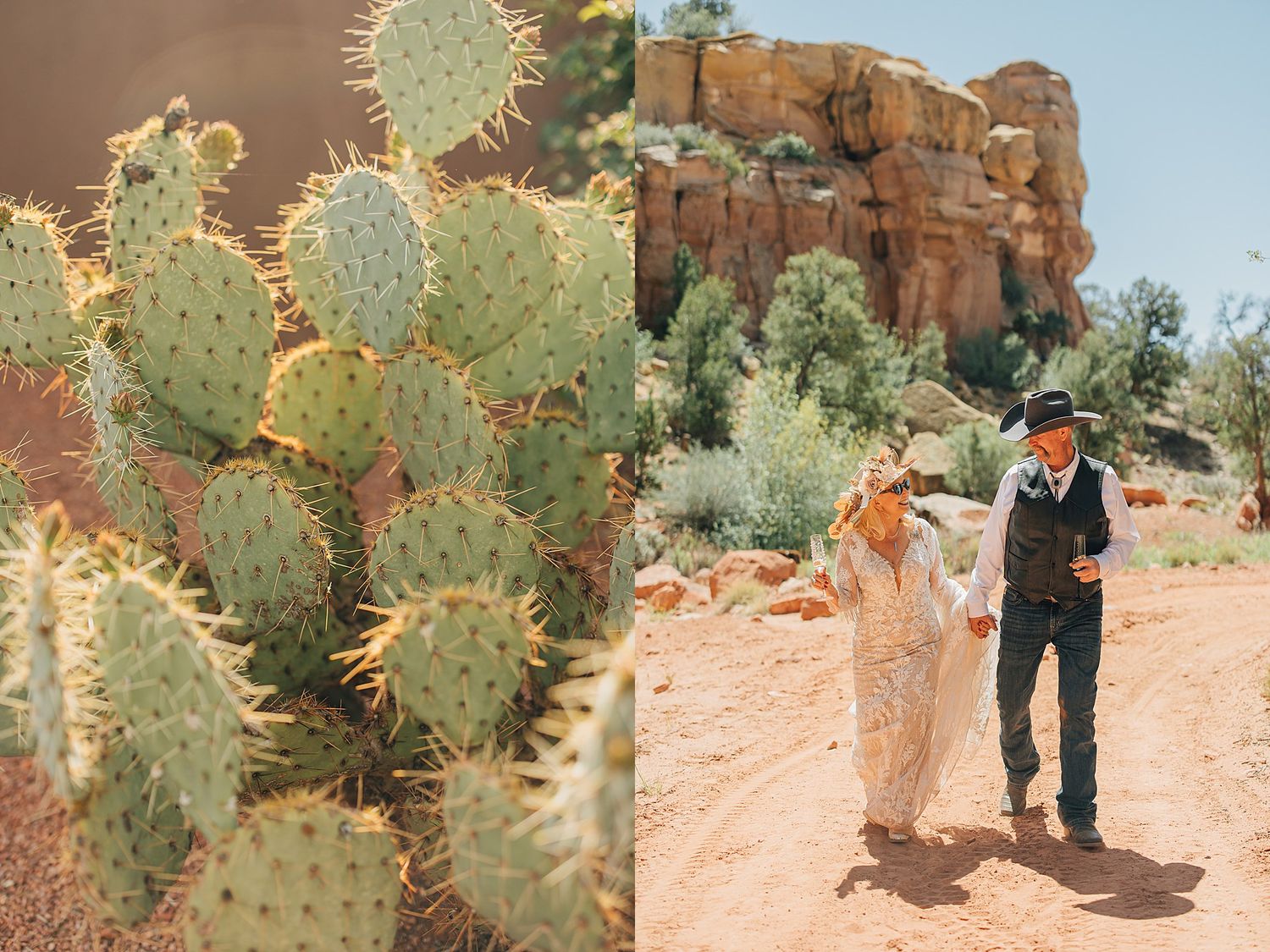 Close-up of prickly pear cactus beside a couple holding hands walking on red desert sand near red rock formations.