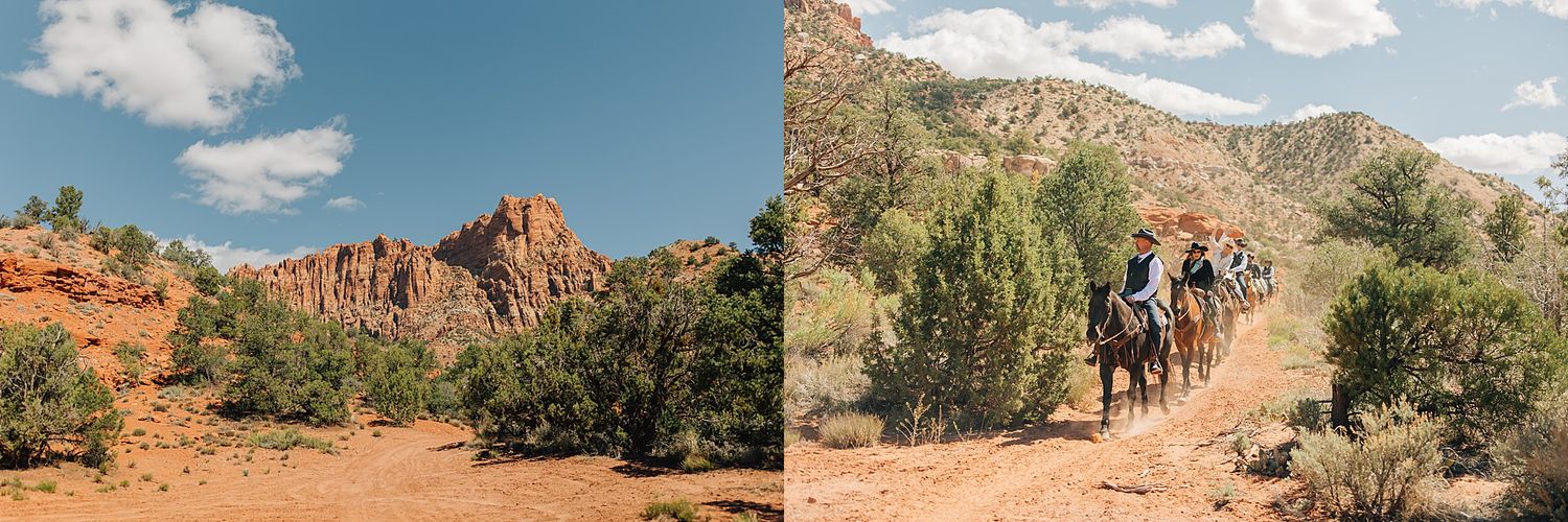 Horseback riders trail through red rock Sedona Arizona desert landscape with juniper trees and sandstone buttes under blue sky.