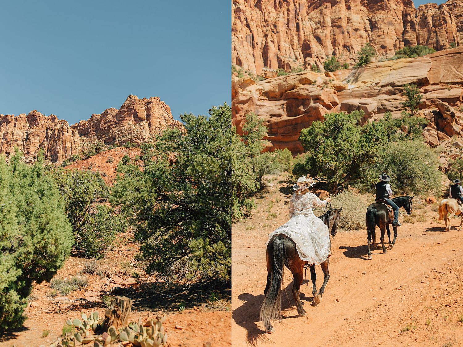 Horseback riders exploring a scenic red rock canyon trail surrounded by lush green trees under a clear blue sky.