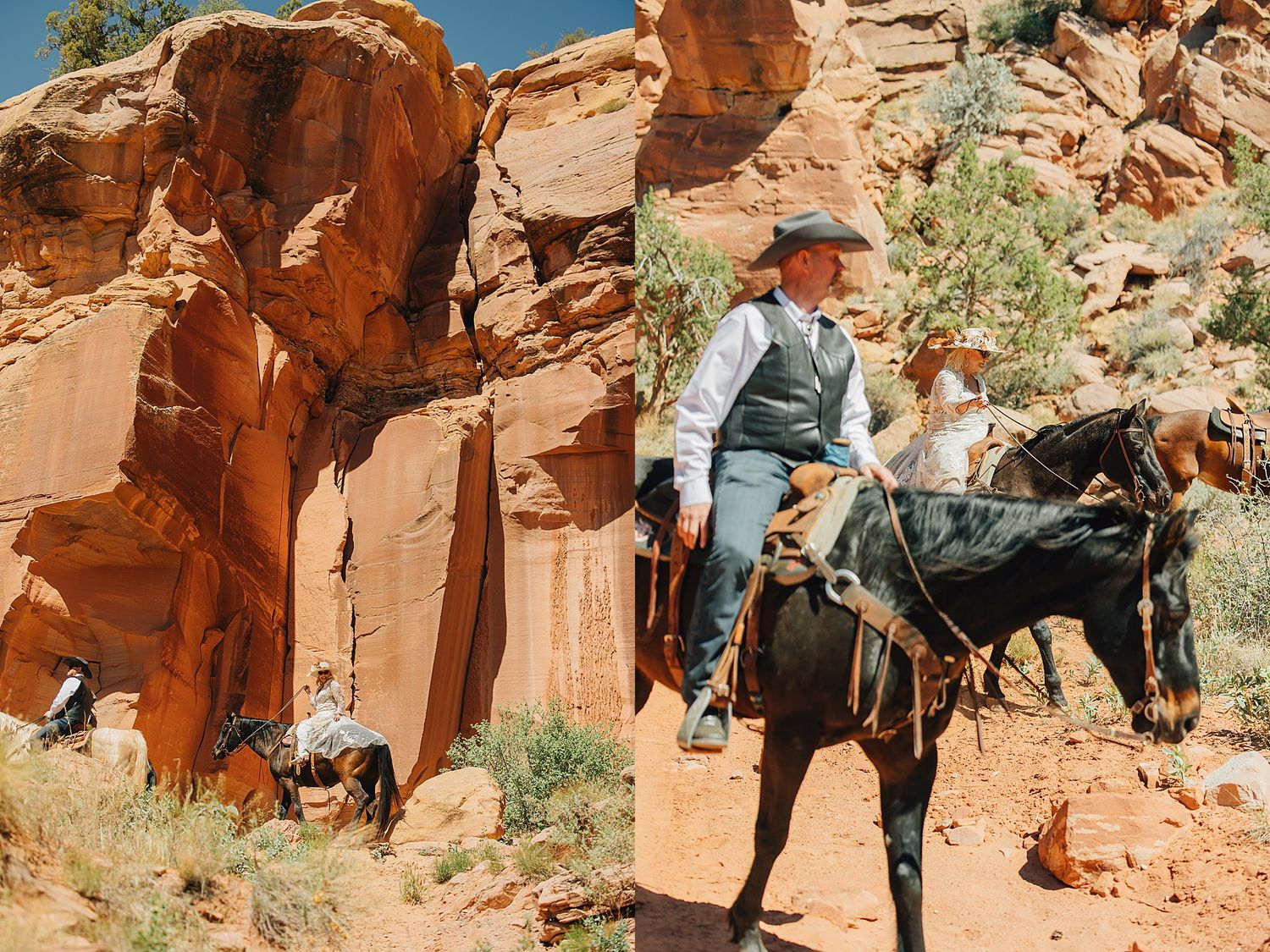 Cowboy on black horse rides past towering red sandstone cliffs in a scenic desert canyon.