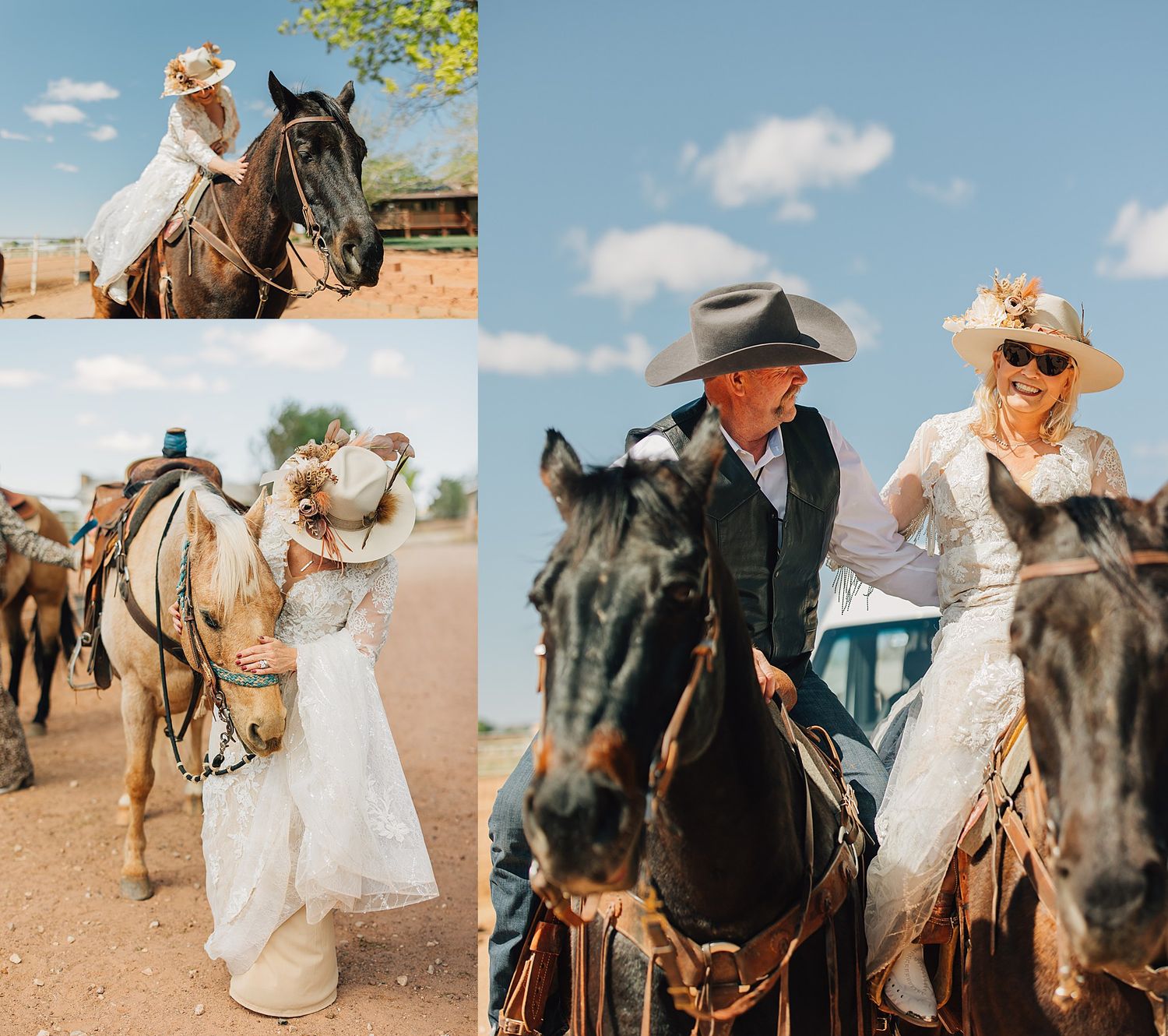 Bride and groom in cowboy hats riding horses together at a rustic outdoor western-themed wedding celebration.