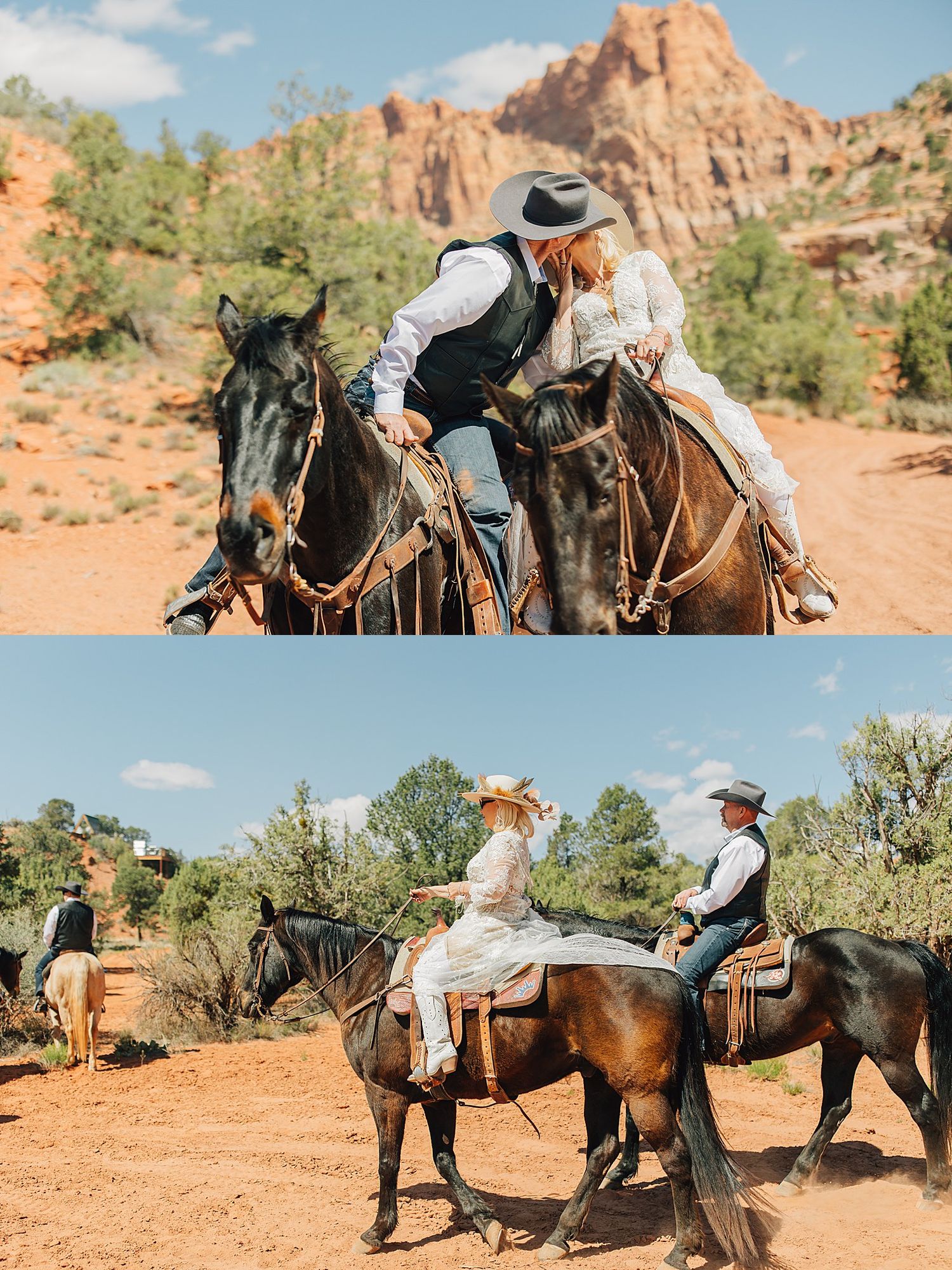 Couple in western attire sharing a kiss on horseback in a red rock canyon landscape.