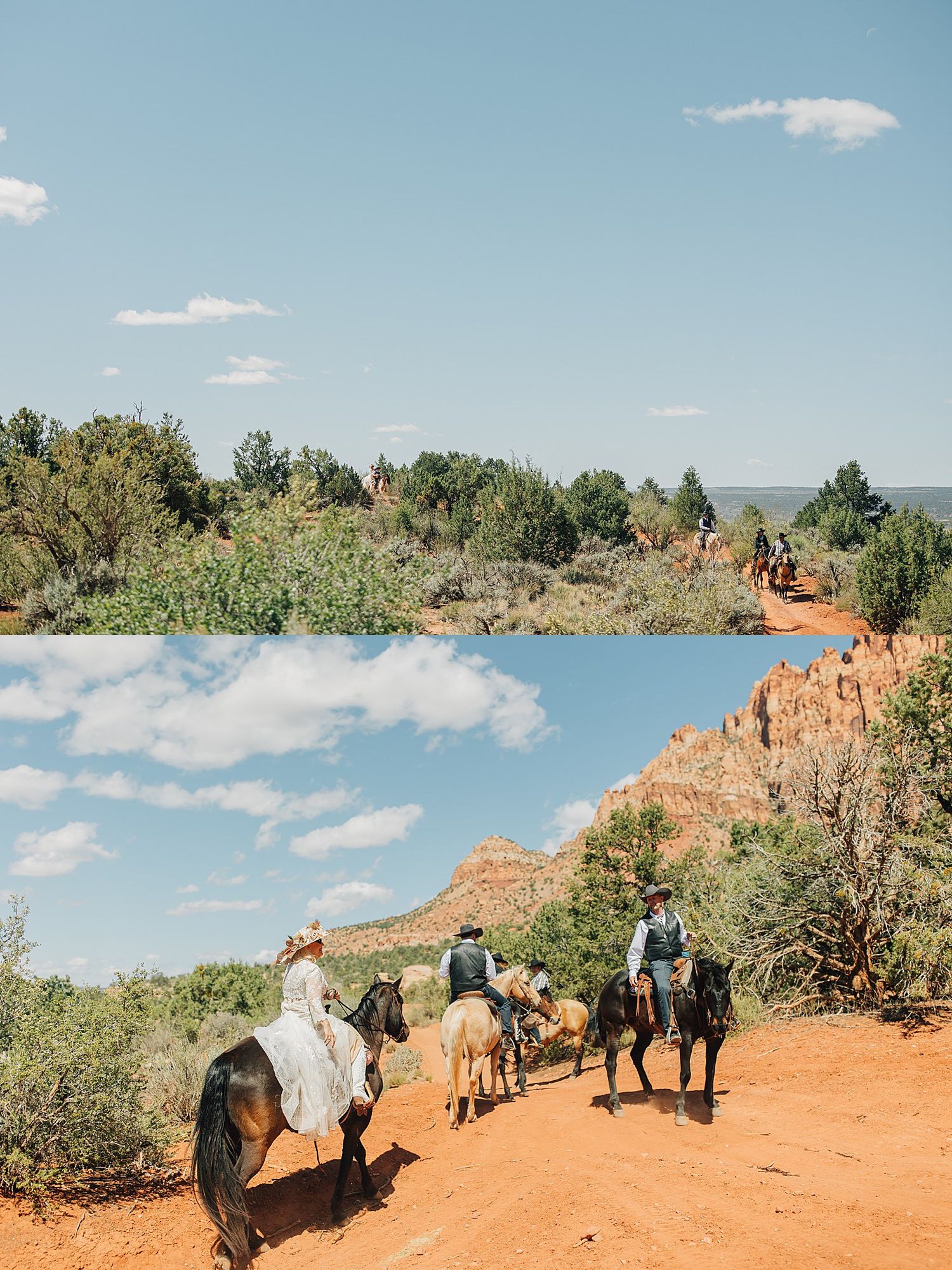 Horseback riders explore red rock trails through lush desert landscape under blue skies in Sedona, Arizona.