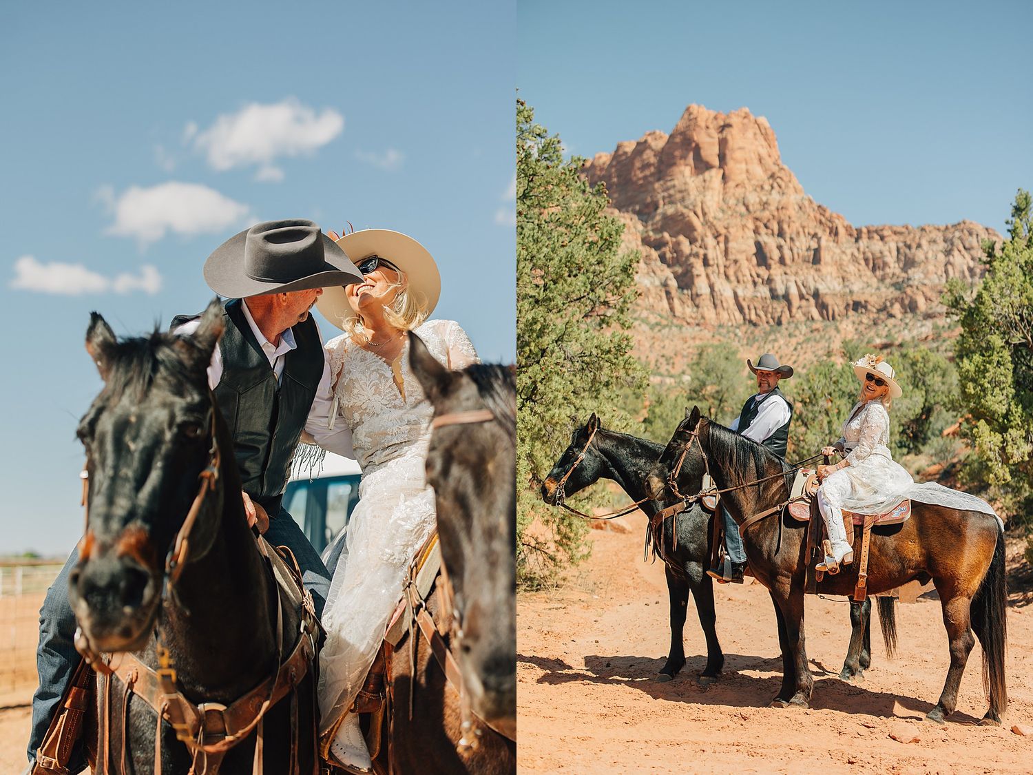 Bride and groom kissing on horseback in western attire, with red rock canyon landscape in Zion National Park.