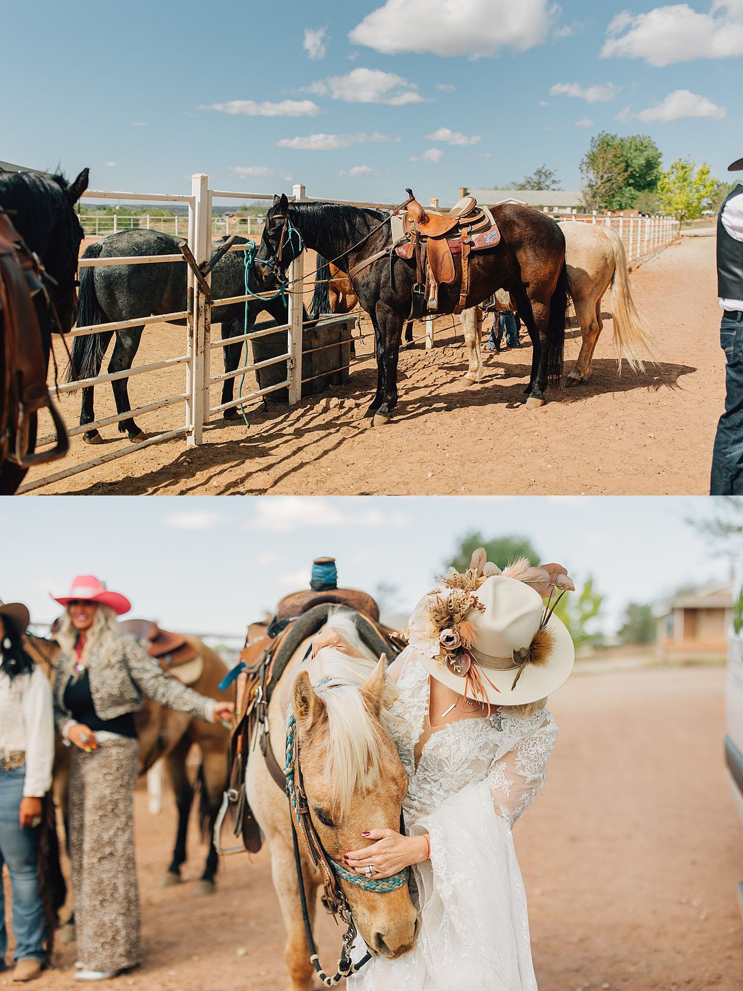 Bride in white lace dress and cowboy hat embraces a horse at a rustic ranch wedding with saddled horses nearby.